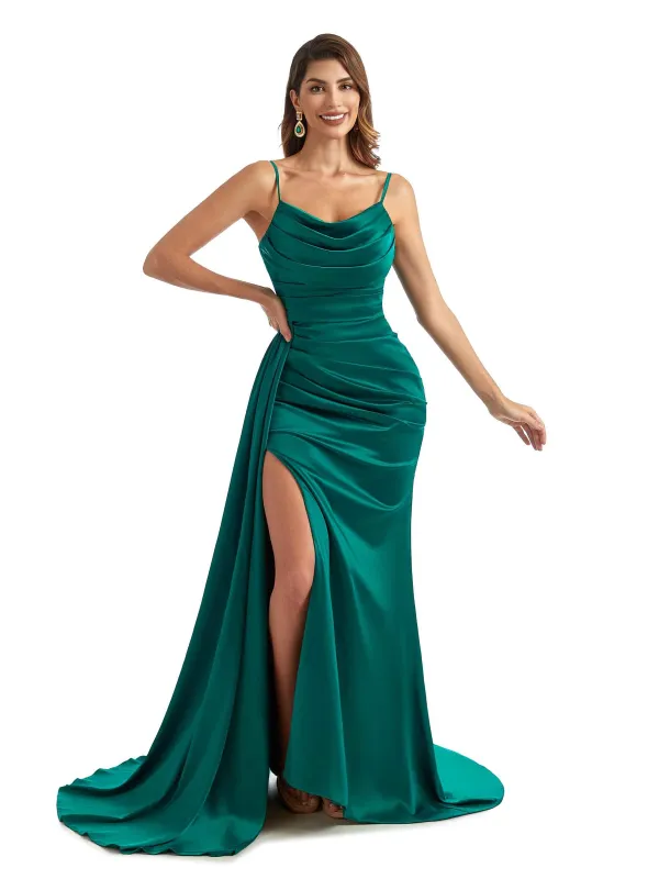 Sexy Side Split Cowl Neck Maxi Chic Satin Spaghetti Straps Formal Wedding Guest Dresses sold by ChicSew