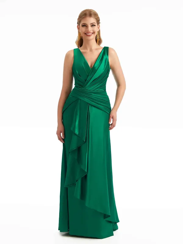 Sexy Side Split V-Neck Ruffle Ruched Satin Maxi Wedding Guest Dresses sold by ChicSew