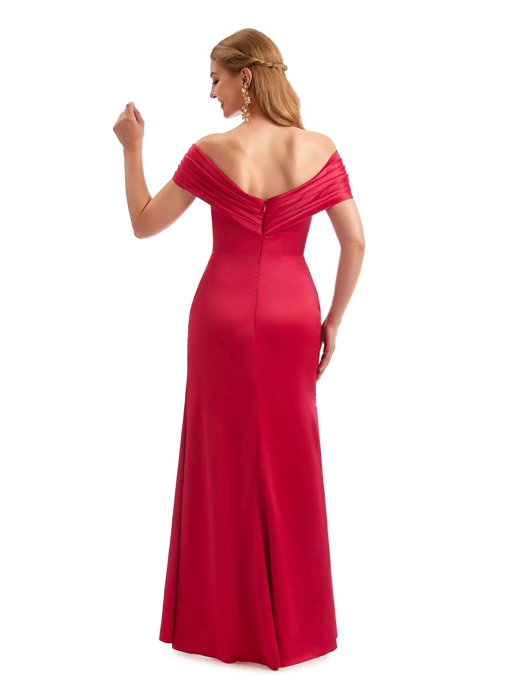 Off The Shoulder Mermaid Silky Satin Sexy Side Slit Long Wedding Guest Dresses sold by ChicSew product image thumbnail 3