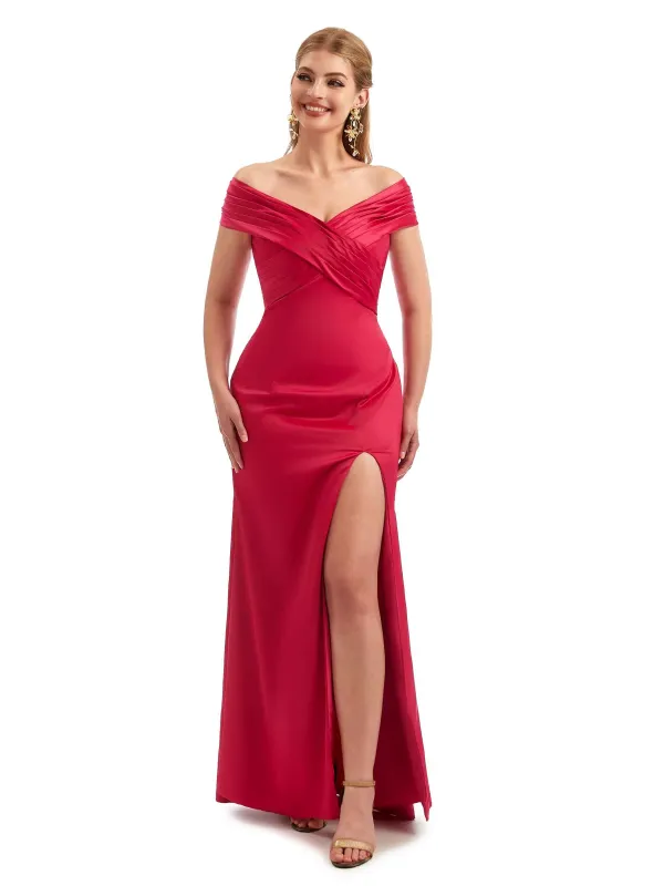 Off The Shoulder Mermaid Silky Satin Sexy Side Slit Long Wedding Guest Dresses sold by ChicSew