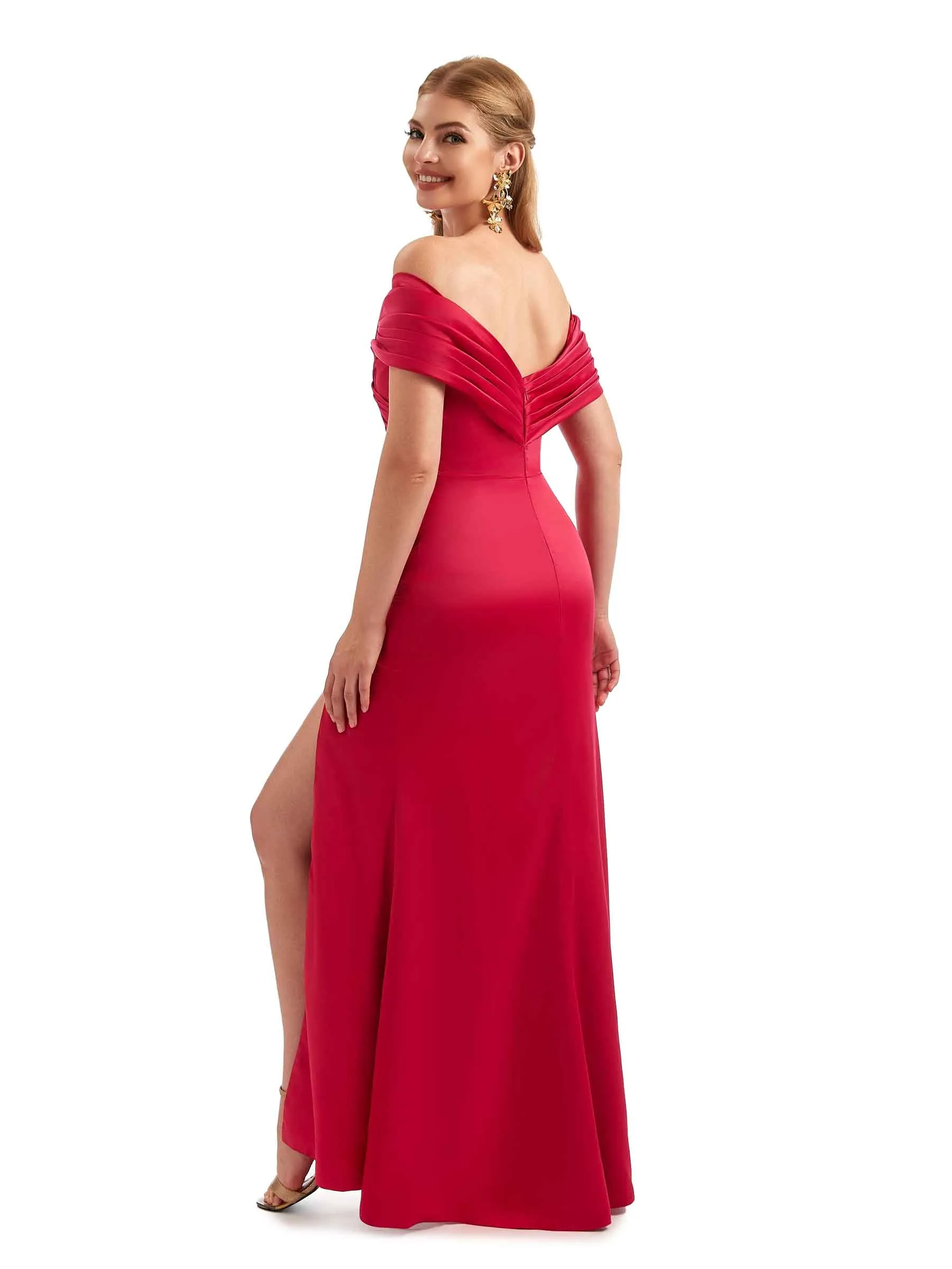 Off The Shoulder Mermaid Silky Satin Sexy Side Slit Long Wedding Guest Dresses sold by ChicSew product image thumbnail 4