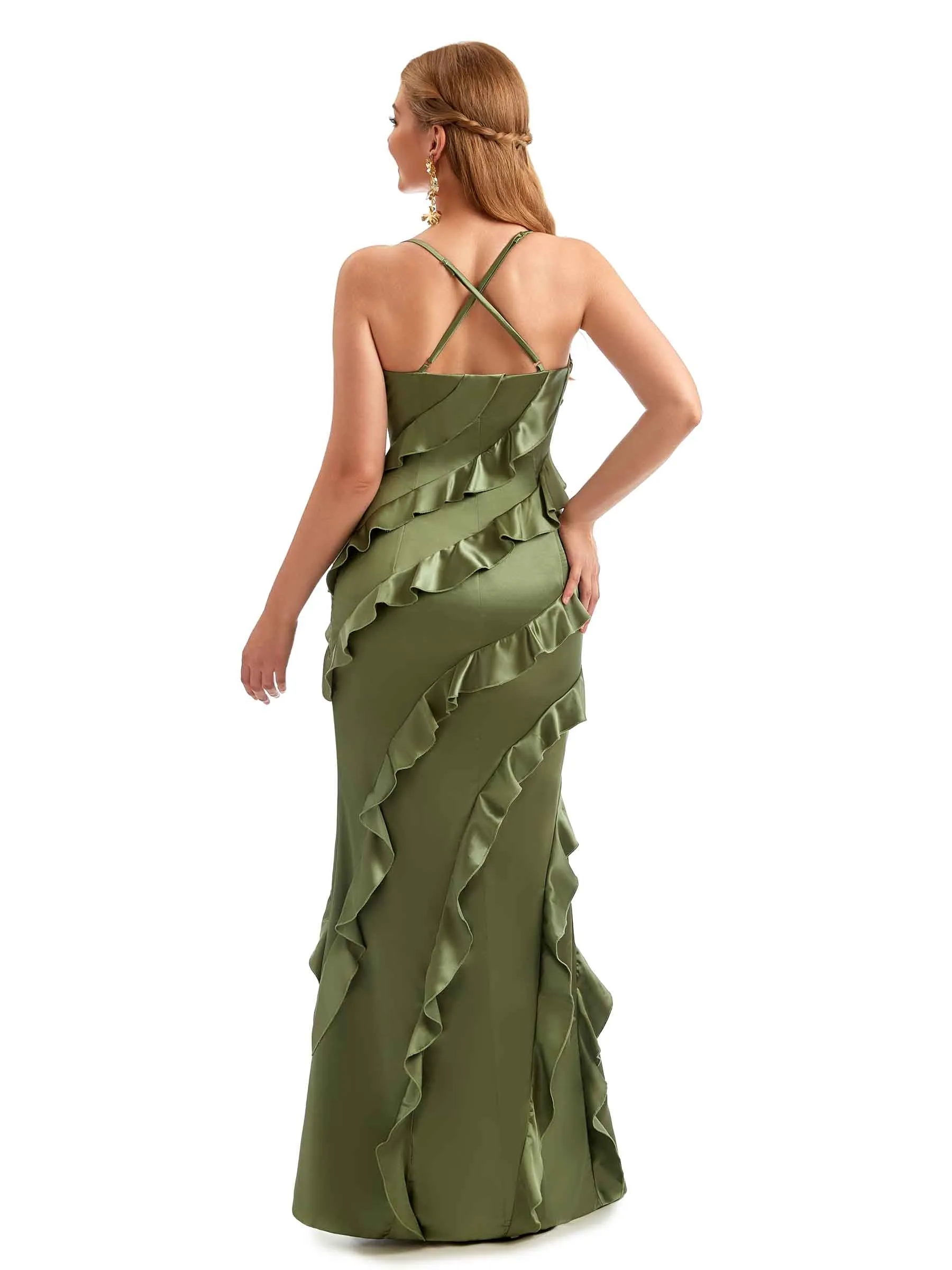 Women Spaghetti Straps Long Satin Ruffles Unique Boho Style Wedding Guest Dresses sold by ChicSew product image thumbnail 5