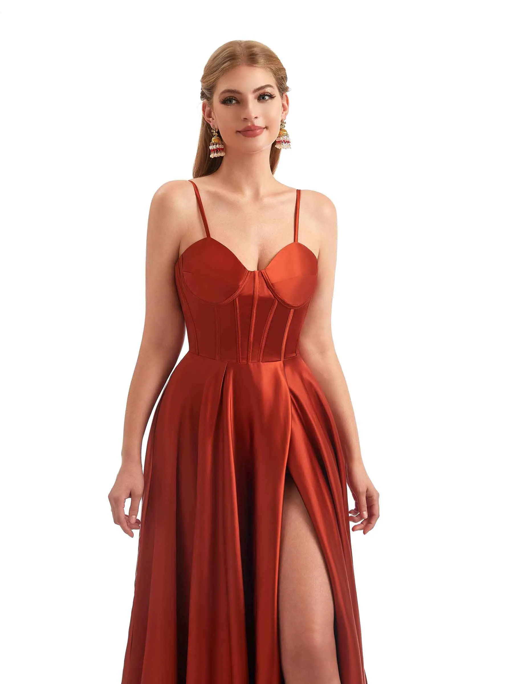 A-Line Formal Satin Long Wedding Guest Dresses Online Side Split Spaghetti Straps sold by ChicSew product image thumbnail 2