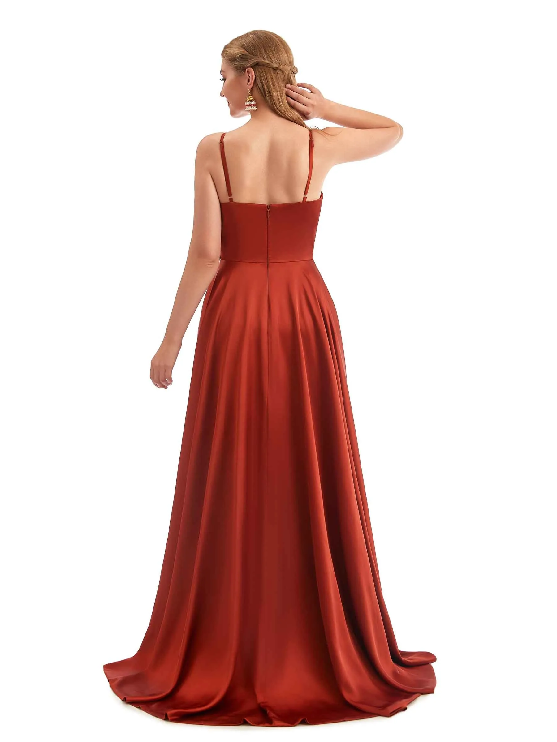 A-Line Formal Satin Long Wedding Guest Dresses Online Side Split Spaghetti Straps sold by ChicSew product image thumbnail 3