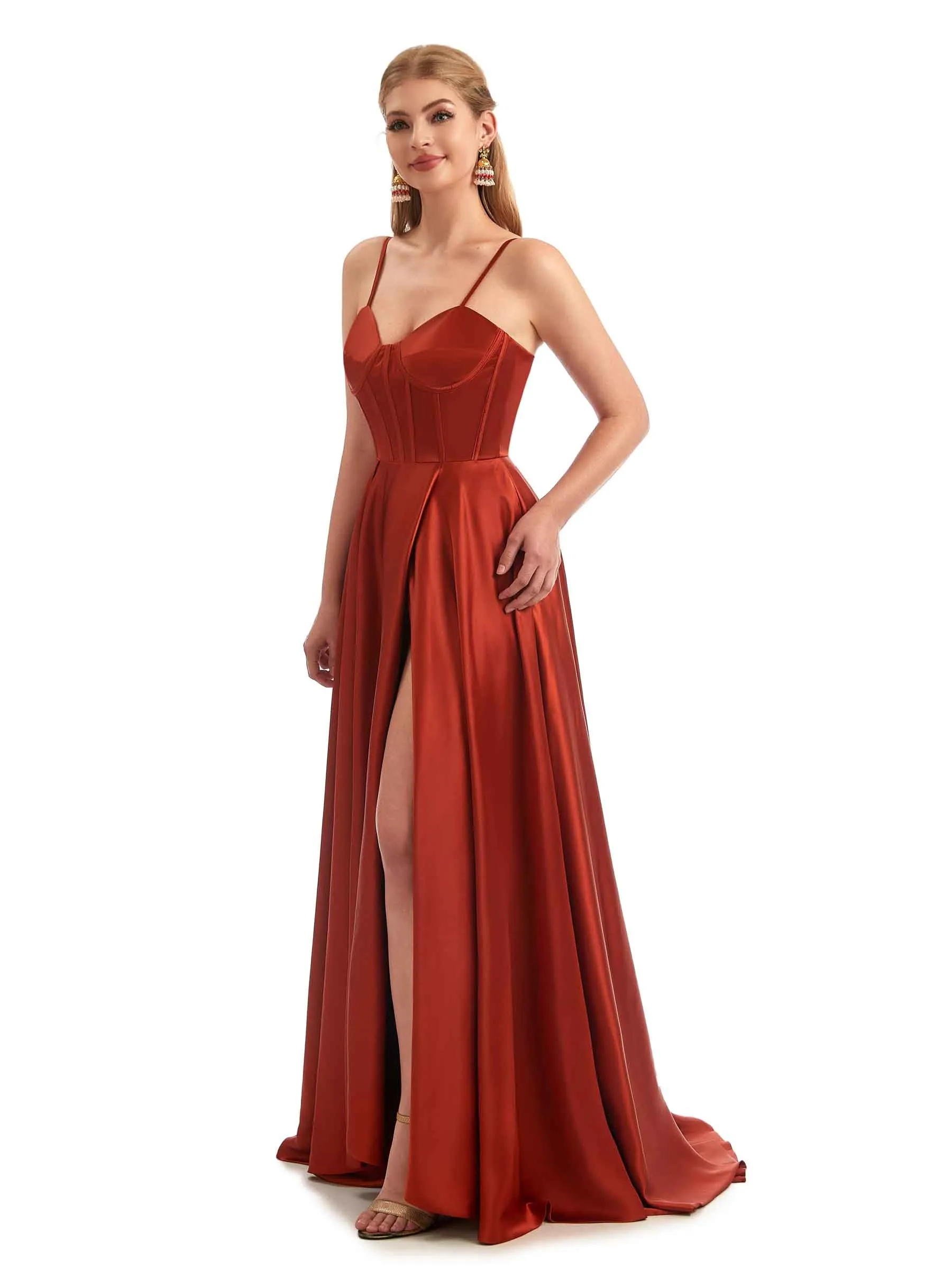A-Line Formal Satin Long Wedding Guest Dresses Online Side Split Spaghetti Straps sold by ChicSew product image thumbnail 5