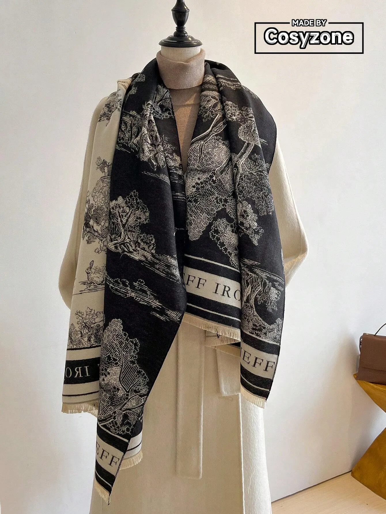 Ladies' Double-Sided Faux Cashmere Black & White Floral Jacquard Warm Scarf Shawl Suitable For Everyday Use In Autumn And Winter Elegant sold by ChicSew product image thumbnail 5