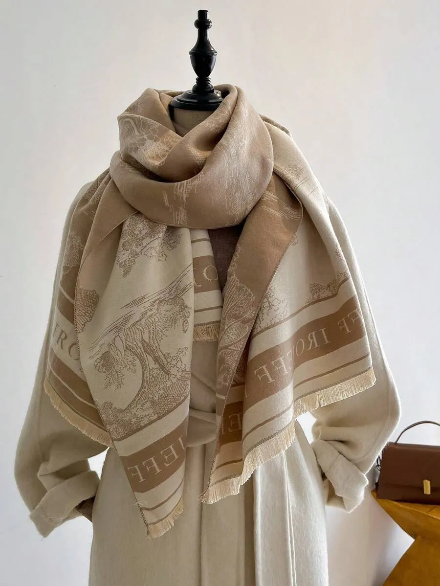 Ladies' Double-Sided Faux Cashmere Black & White Floral Jacquard Warm Scarf Shawl Suitable For Everyday Use In Autumn And Winter Elegant sold by ChicSew product image thumbnail 2