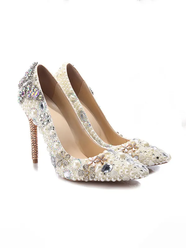 Rhinestone Pointed Toe Ivory Pearl Toe High Heel Bridal Wedding Shoes sold by ChicSew