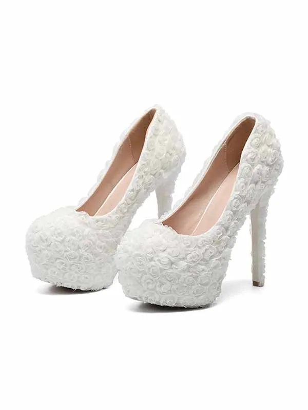 New white platform single shoes stiletto heels women's shoes lace flowers pearl wedding shoes  bridal shoes sold by ChicSew