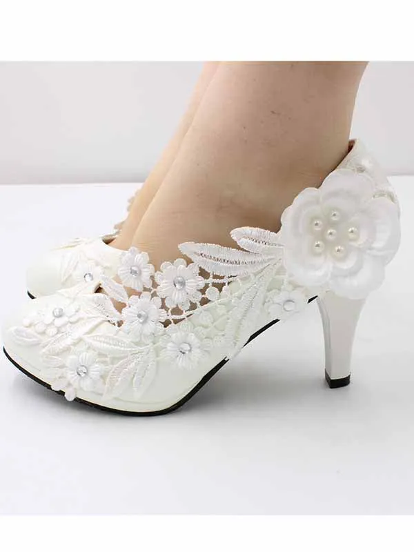 White high heel large size wedding shoes for women round toe wedding shoes sold by ChicSew