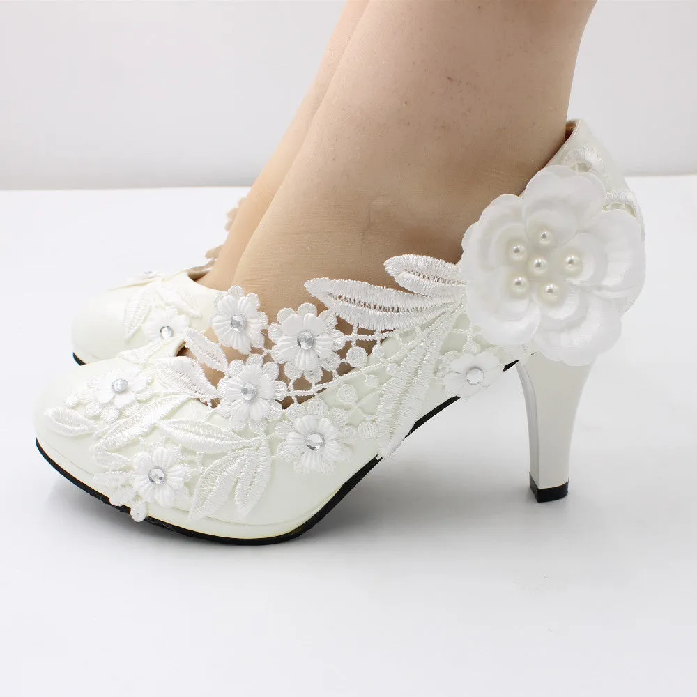 White high heel large size wedding shoes for women round toe wedding shoes sold by ChicSew product image thumbnail 2