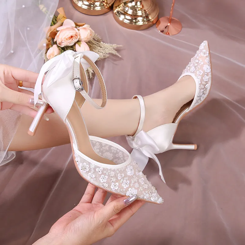 White satin high heels for women stiletto pointed toe bows hollow wedding shoes banquet sequined shoes sold by ChicSew product image thumbnail 2