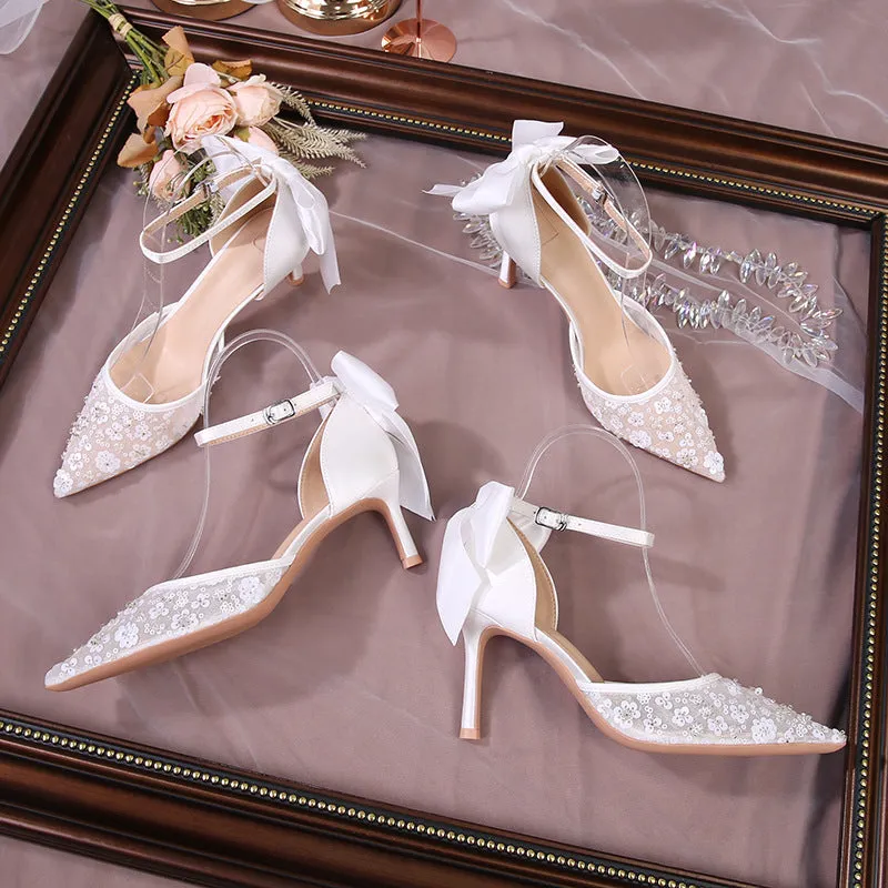 White satin high heels for women stiletto pointed toe bows hollow wedding shoes banquet sequined shoes sold by ChicSew product image thumbnail 3