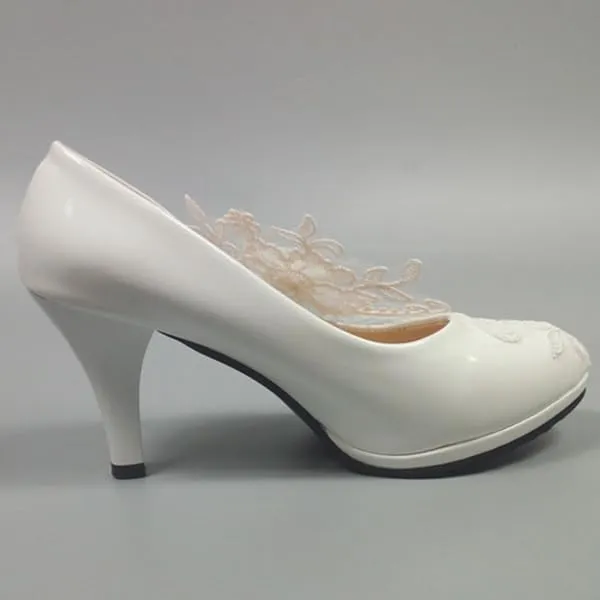 Dress First Wedding Shoes for Bride Women Pump Faux Leather High Heel Closed Toe Flower Rhinestone Lace Elegant Slip On Shoes sold by ChicSew product image thumbnail 2