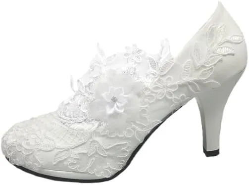 Dress First Wedding Shoes for Bride Women Pump Faux Leather High Heel Closed Toe Flower Rhinestone Lace Elegant Slip On Shoes sold by ChicSew product image thumbnail 3