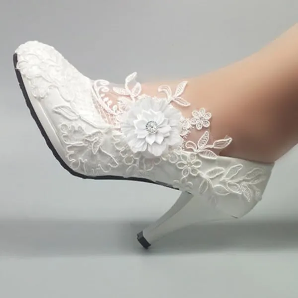Dress First Wedding Shoes for Bride Women Pump Faux Leather High Heel Closed Toe Flower Rhinestone Lace Elegant Slip On Shoes sold by ChicSew product image thumbnail 4