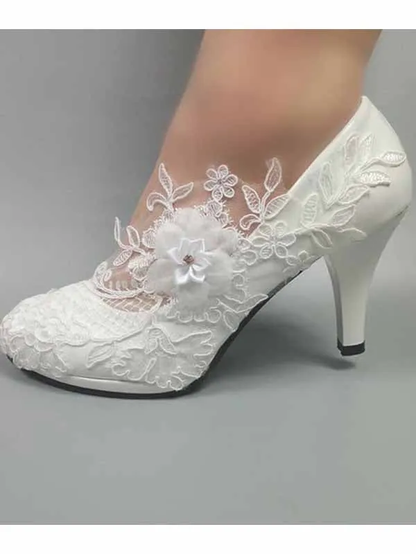 Dress First Wedding Shoes for Bride Women Pump Faux Leather High Heel Closed Toe Flower Rhinestone Lace Elegant Slip On Shoes sold by ChicSew