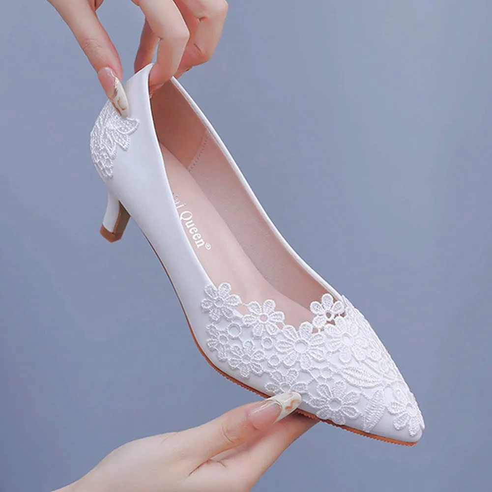 Elegant and simple lace flower wedding shoes white 5cm high-heeled bridal shoes for wedding photos, adult ceremony shoes wedding shoes sold by ChicSew product image thumbnail 4