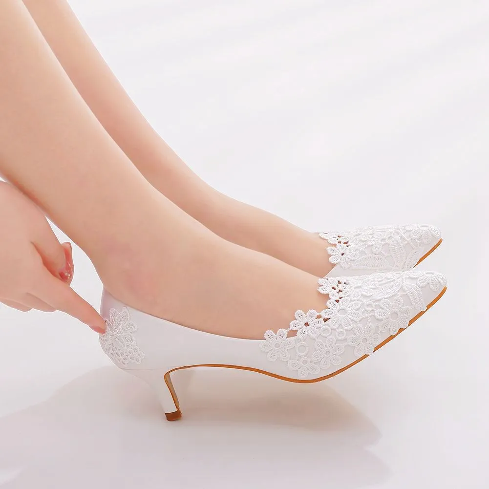 Elegant and simple lace flower wedding shoes white 5cm high-heeled bridal shoes for wedding photos, adult ceremony shoes wedding shoes sold by ChicSew product image thumbnail 2