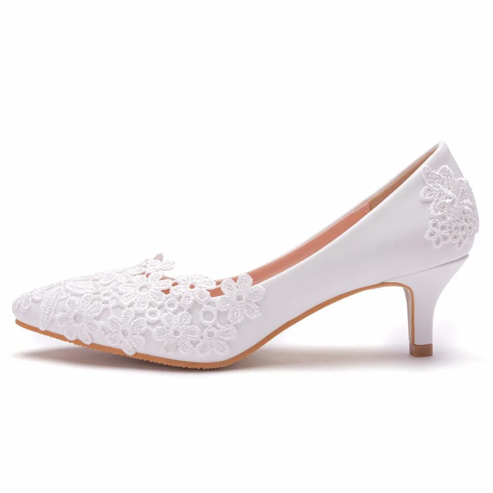 Elegant and simple lace flower wedding shoes white 5cm high-heeled bridal shoes for wedding photos, adult ceremony shoes wedding shoes sold by ChicSew product image thumbnail 3