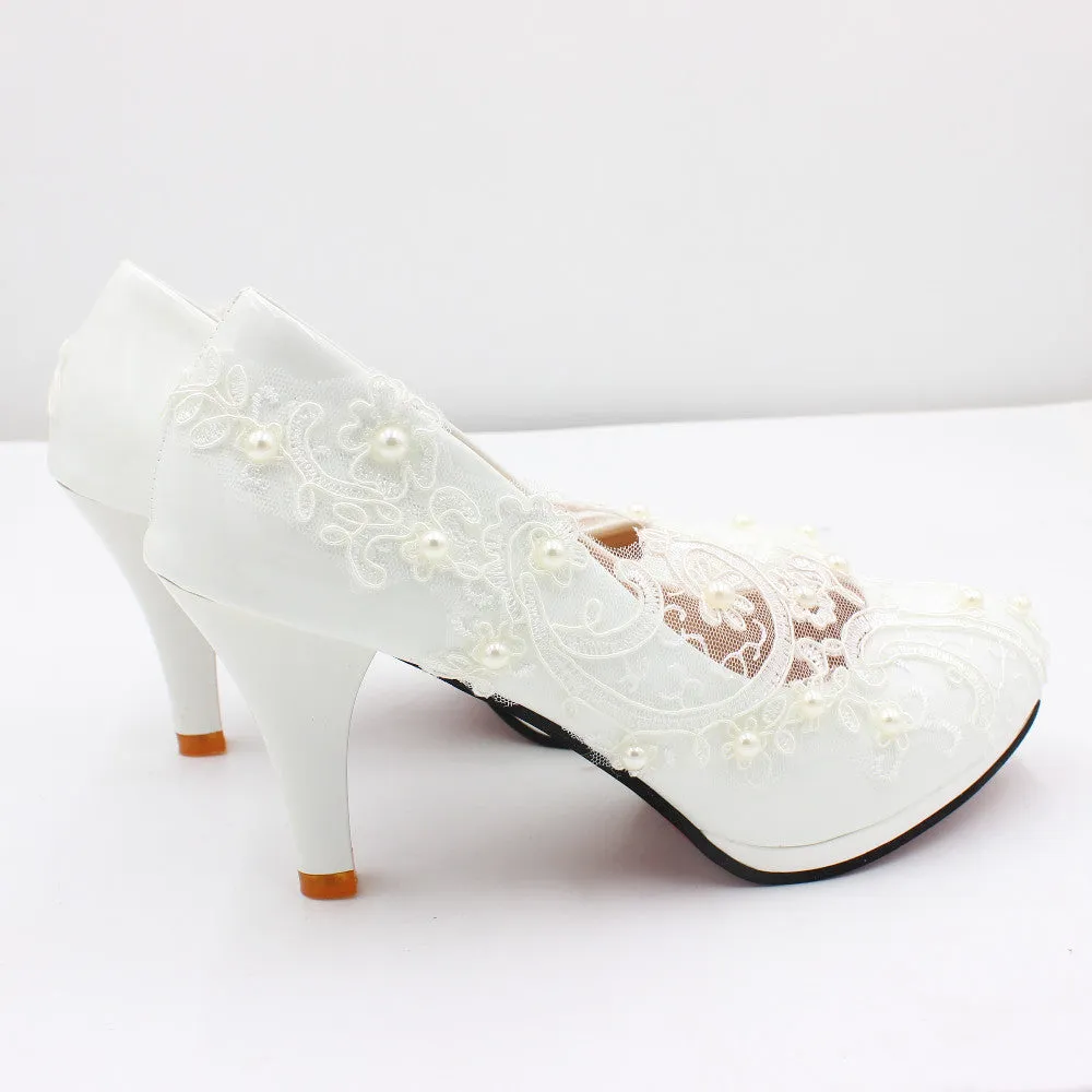 Lace High Heel Wedding Shoes White Bridal Shoes Low Heel Bridesmaid Shoes sold by ChicSew product image thumbnail 5