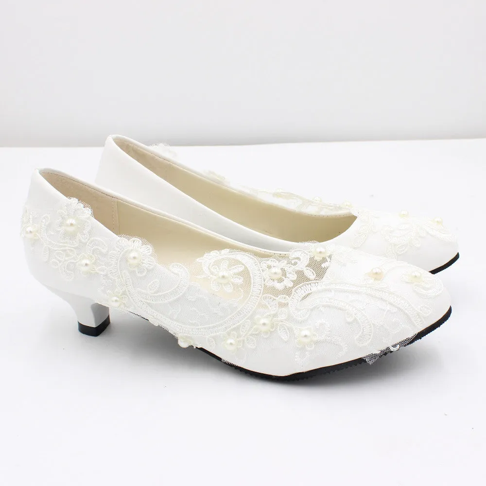 Lace High Heel Wedding Shoes White Bridal Shoes Low Heel Bridesmaid Shoes sold by ChicSew product image thumbnail 2