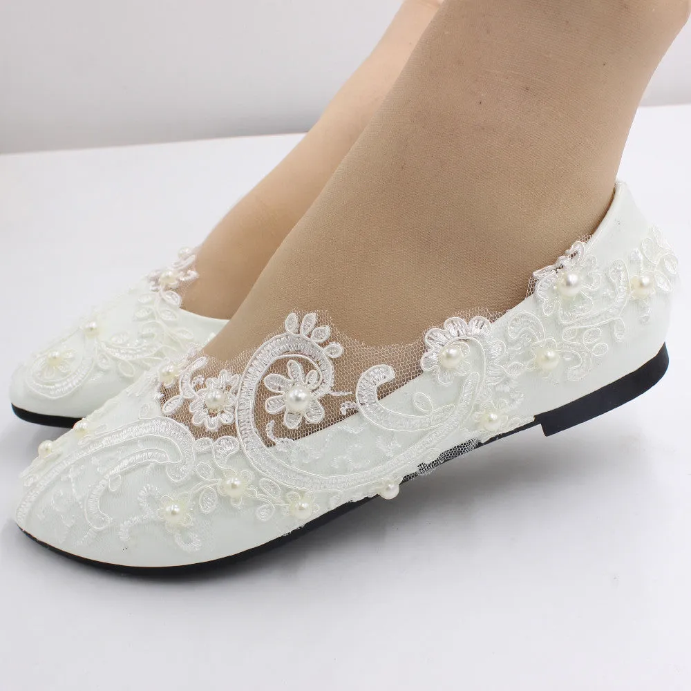 Lace High Heel Wedding Shoes White Bridal Shoes Low Heel Bridesmaid Shoes sold by ChicSew product image thumbnail 4