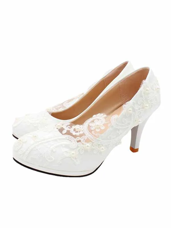 Lace High Heel Wedding Shoes White Bridal Shoes Low Heel Bridesmaid Shoes sold by ChicSew