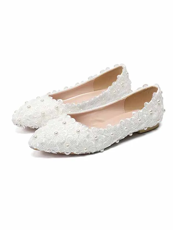New flat shoes lace pearl pointed toe shallow oral wedding shoes bridesmaid party shoes flower pointed toe single shoes sold by ChicSew