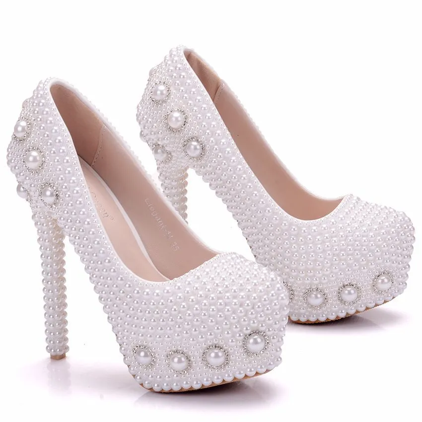 White pearl high heels wedding shoes rhinestone pearl shoes stiletto platform shoes sold by ChicSew product image thumbnail 4