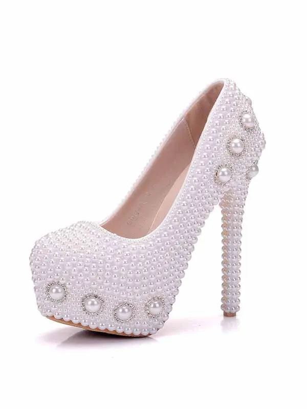 White pearl high heels wedding shoes rhinestone pearl shoes stiletto platform shoes sold by ChicSew