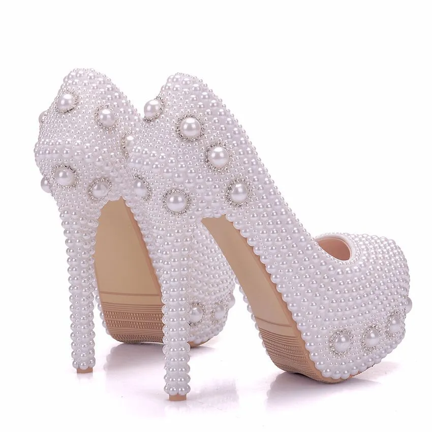 White pearl high heels wedding shoes rhinestone pearl shoes stiletto platform shoes sold by ChicSew product image thumbnail 2