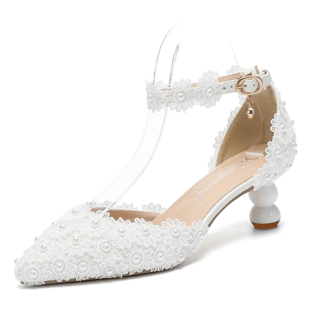 New shallow mouth lace pearl 5cm spot pointed white banquet wedding shoes sold by ChicSew product image thumbnail 5