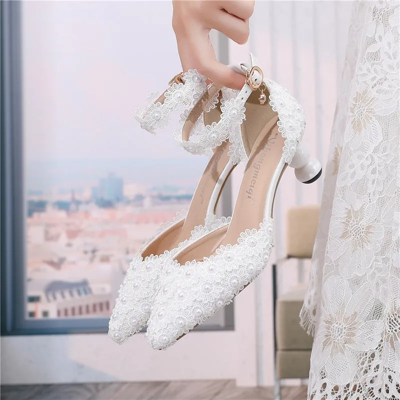 New shallow mouth lace pearl 5cm spot pointed white banquet wedding shoes sold by ChicSew product image thumbnail 2