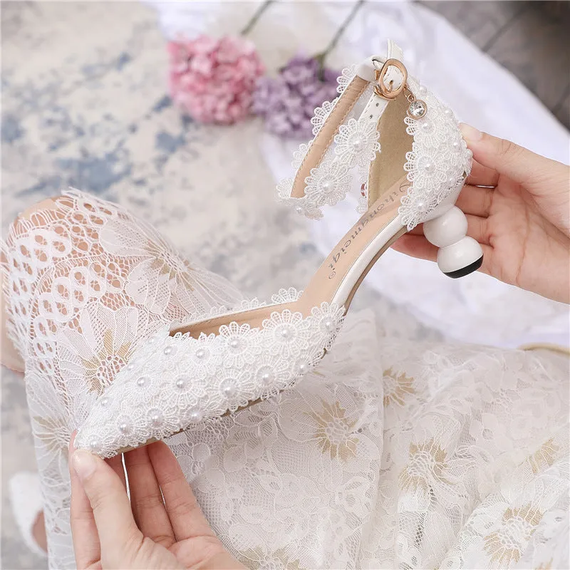 New shallow mouth lace pearl 5cm spot pointed white banquet wedding shoes sold by ChicSew product image thumbnail 3
