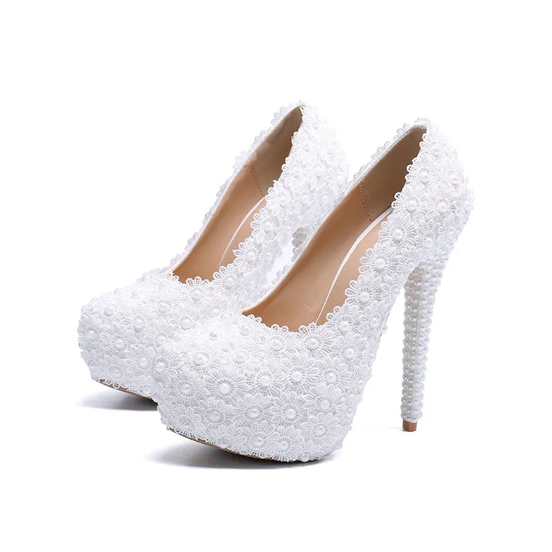 New wedding shoes, lace high heel wedding shoes for women, stiletto heels, large size platform shoes for women sold by ChicSew product image thumbnail 5