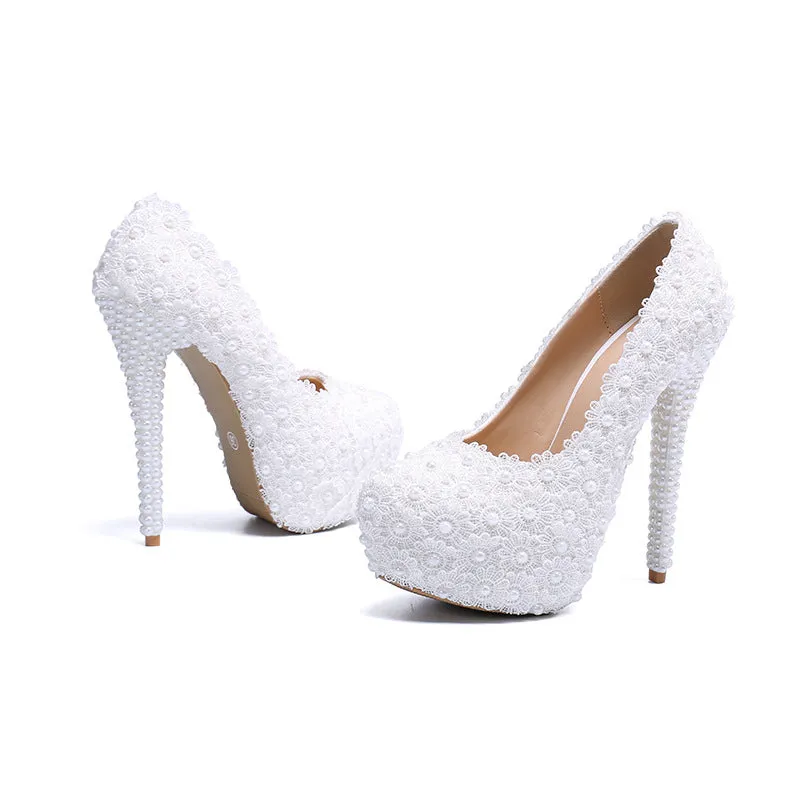 New wedding shoes, lace high heel wedding shoes for women, stiletto heels, large size platform shoes for women sold by ChicSew product image thumbnail 2