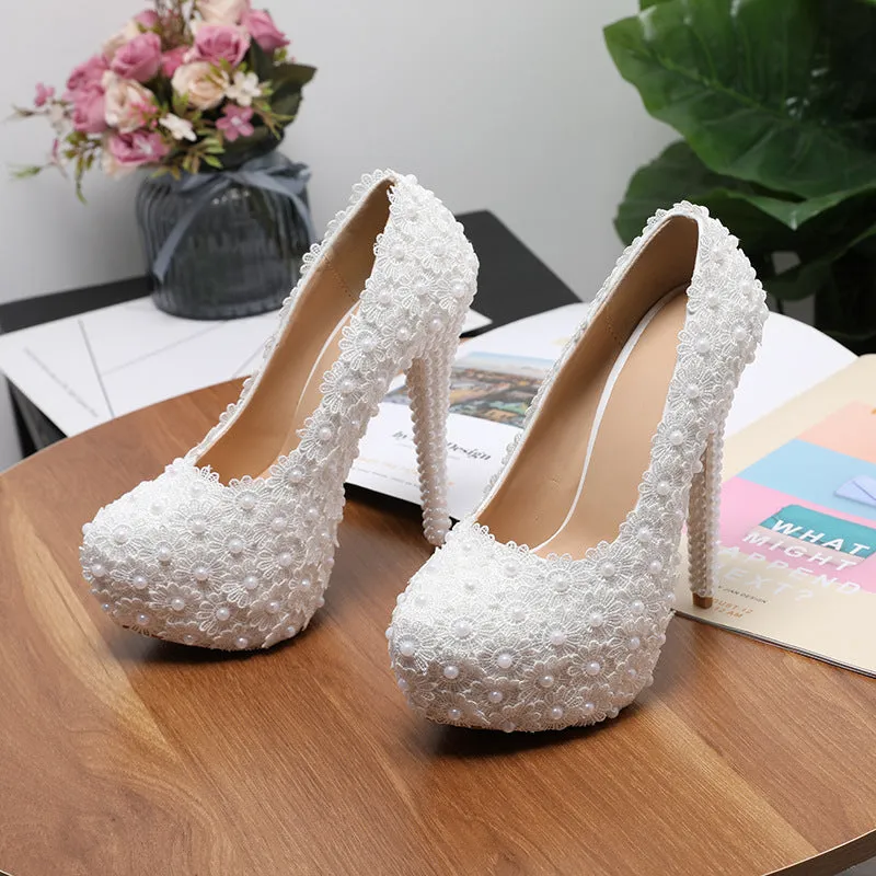 New wedding shoes, lace high heel wedding shoes for women, stiletto heels, large size platform shoes for women sold by ChicSew product image thumbnail 4