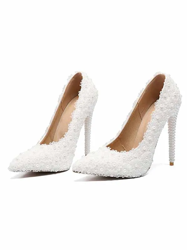 New Women's High Heels Single Shoes Wedding Shoes Stiletto Shoes White Lace Pearl Wedding Shoes sold by ChicSew