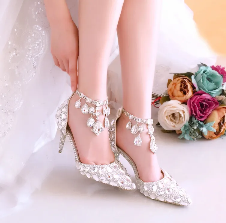 Women's Wedding Shoes Pointed Toe Crystal High Heel Decorative Heel Bridal Shoes,H29 sold by ChicSew product image thumbnail 2