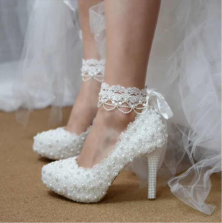 Women's Wedding Shoes Lace Pearls High Heel Decorative Heel Bridal Shoes,H28 sold by ChicSew product image thumbnail 3
