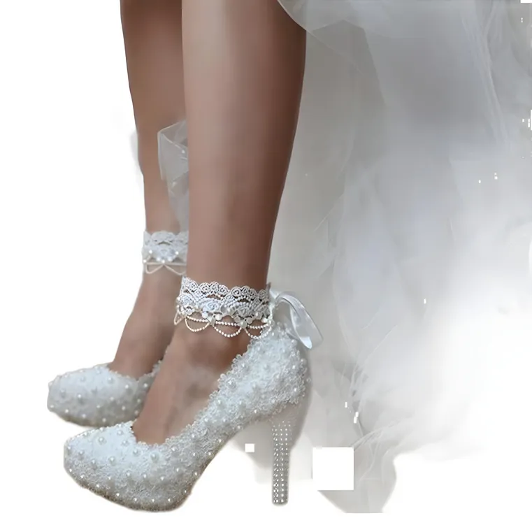 Women's Wedding Shoes Lace Pearls High Heel Decorative Heel Bridal Shoes,H28 sold by ChicSew product image thumbnail 4