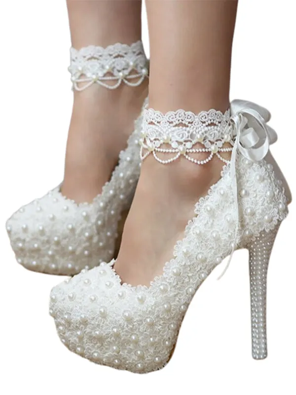Women's Wedding Shoes Lace Pearls High Heel Decorative Heel Bridal Shoes,H28 sold by ChicSew