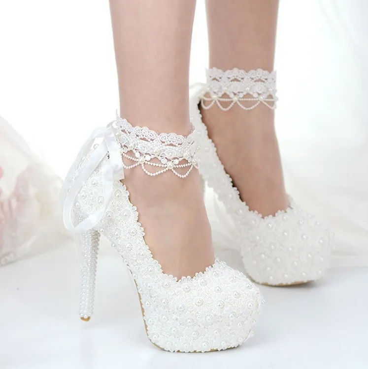 Women's Wedding Shoes Lace Pearls High Heel Decorative Heel Bridal Shoes,H28 sold by ChicSew product image thumbnail 2