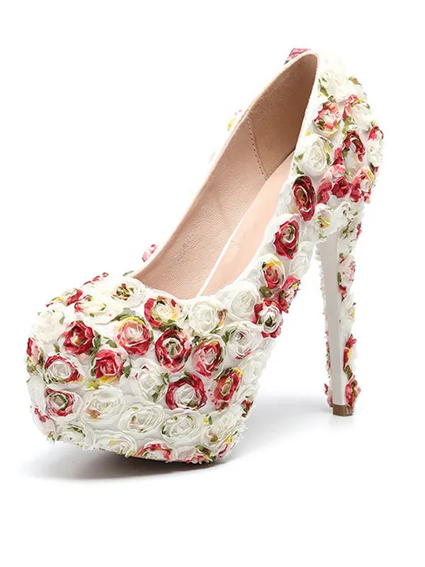 Women's Wedding Shoes Floral Lace Round Toe High Heels Decorative Heel Bridal Shoes,H23 sold by ChicSew