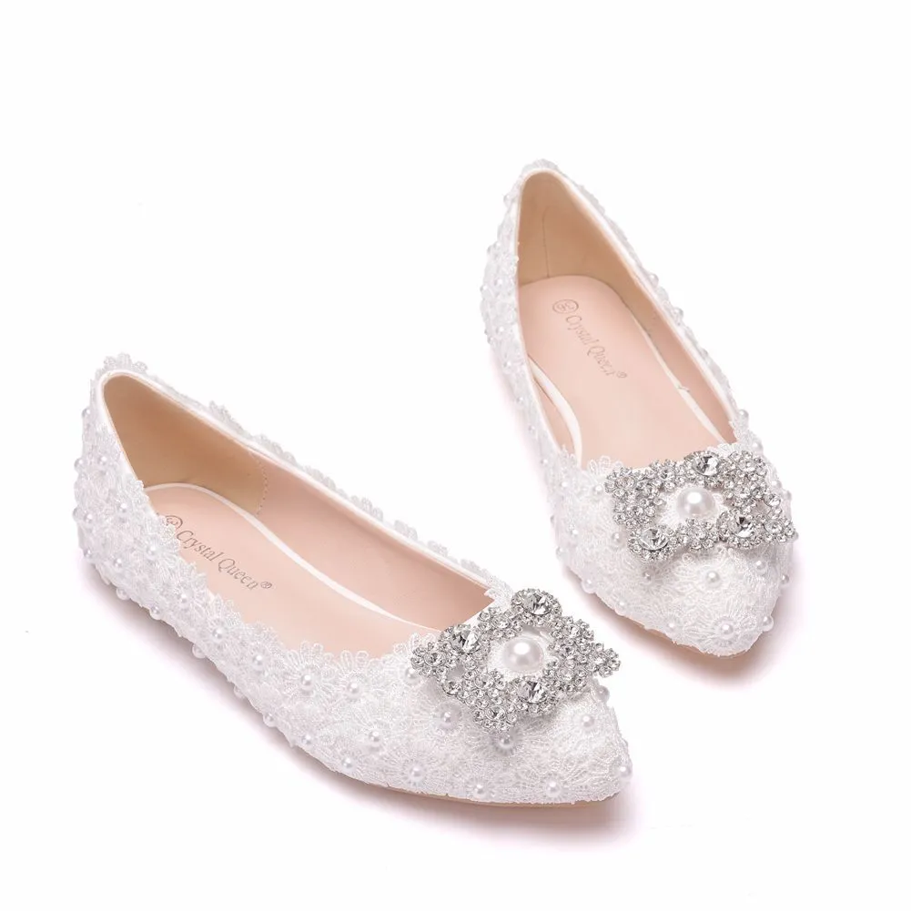Women's Wedding Shoes Decorative Lace Pearl Wedding Flat Heels Bridal Shoes, H91 sold by ChicSew product image thumbnail 4