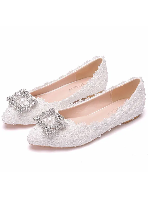 Women's Wedding Shoes Decorative Lace Pearl Wedding Flat Heels Bridal Shoes, H91 sold by ChicSew
