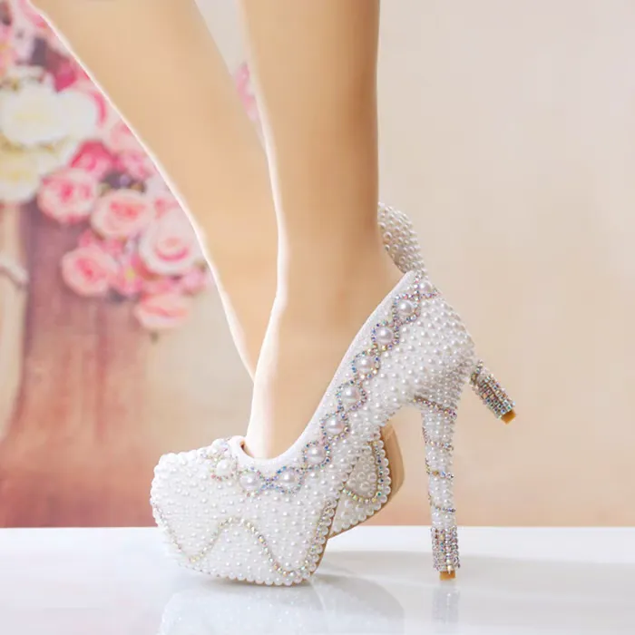 Women's Wedding Shoes Decorative White Pearl Wedding Heels Bridal Shoes, H87 sold by ChicSew product image thumbnail 4