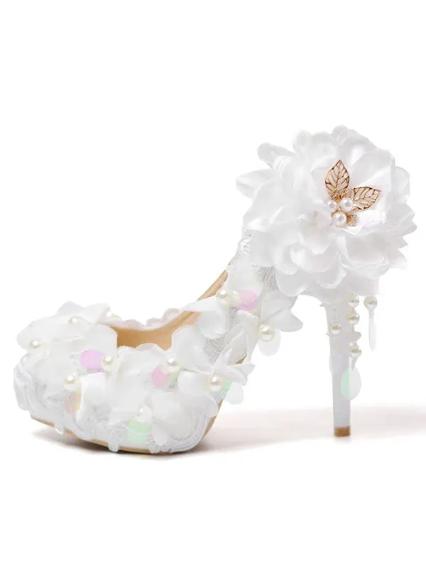 Women's Wedding Shoes Decorative White Lace Floral Wedding Heels Bridal Shoes, H85 sold by ChicSew