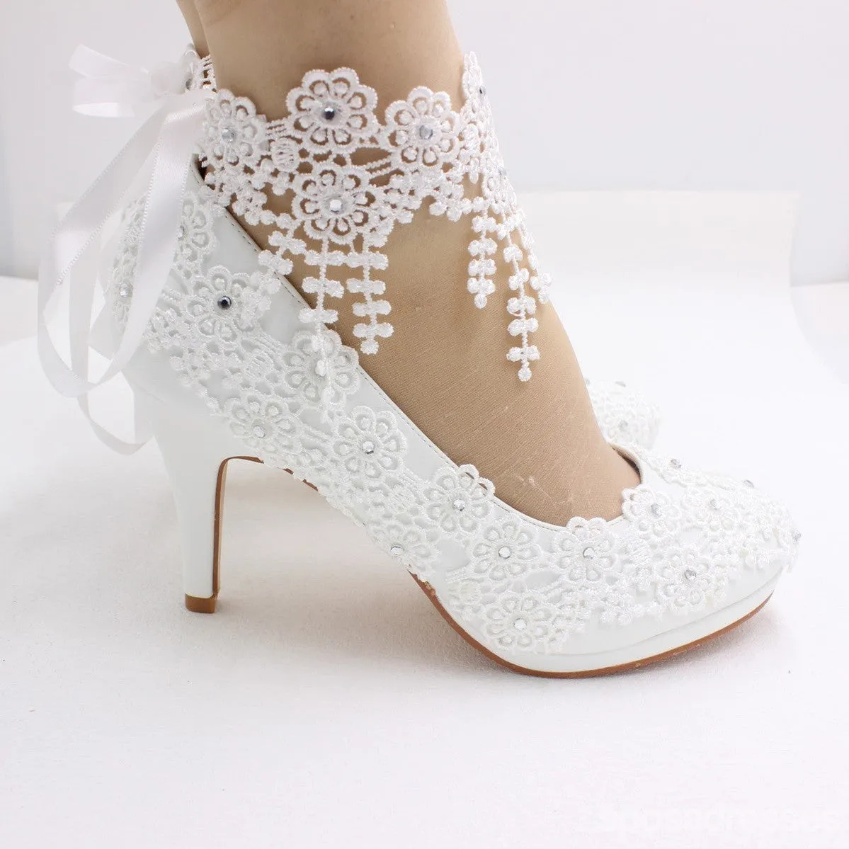 Women's Wedding Shoes Decorative White Lace Wedding Heels Bridal Shoes, H84 sold by ChicSew product image thumbnail 3